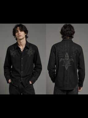 ROAR EMBROIDERED ROCK SHIRT L BLACK Y2K AFFLICTION STYLE BIKER COTTON